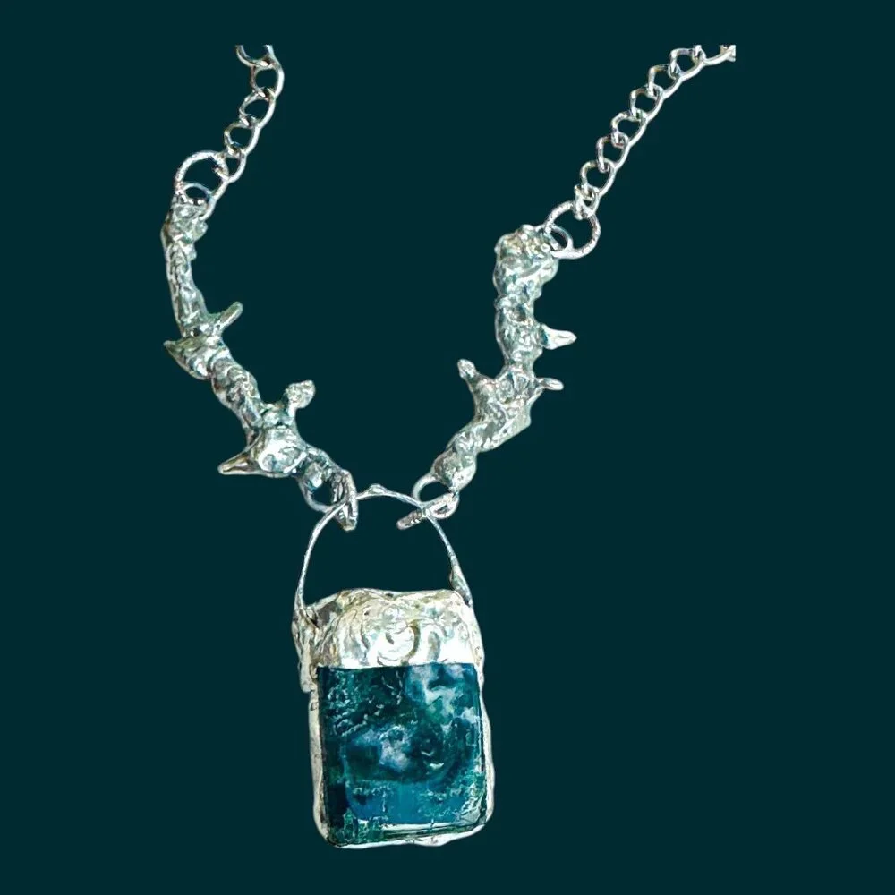 Moss Agate Pendant & Thorn Necklace Crafted w/ Silver Blend Brutalist Metalwork
